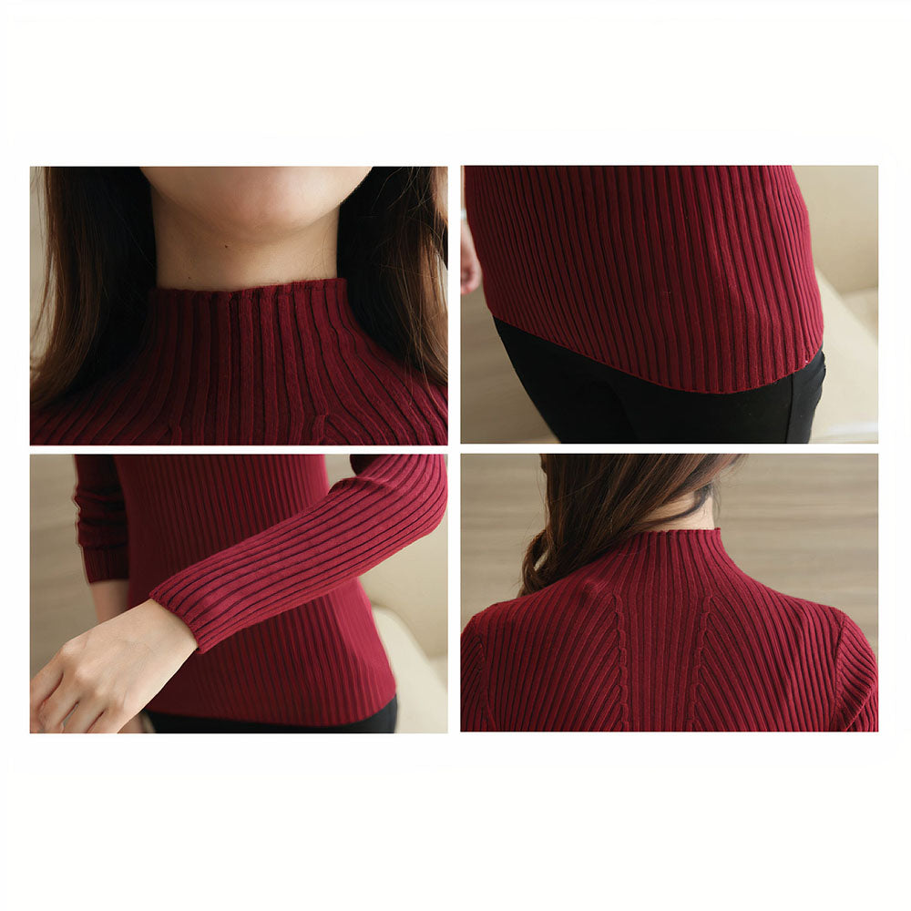 Collage of a red ribbed sweater worn by a person, showing different angles.