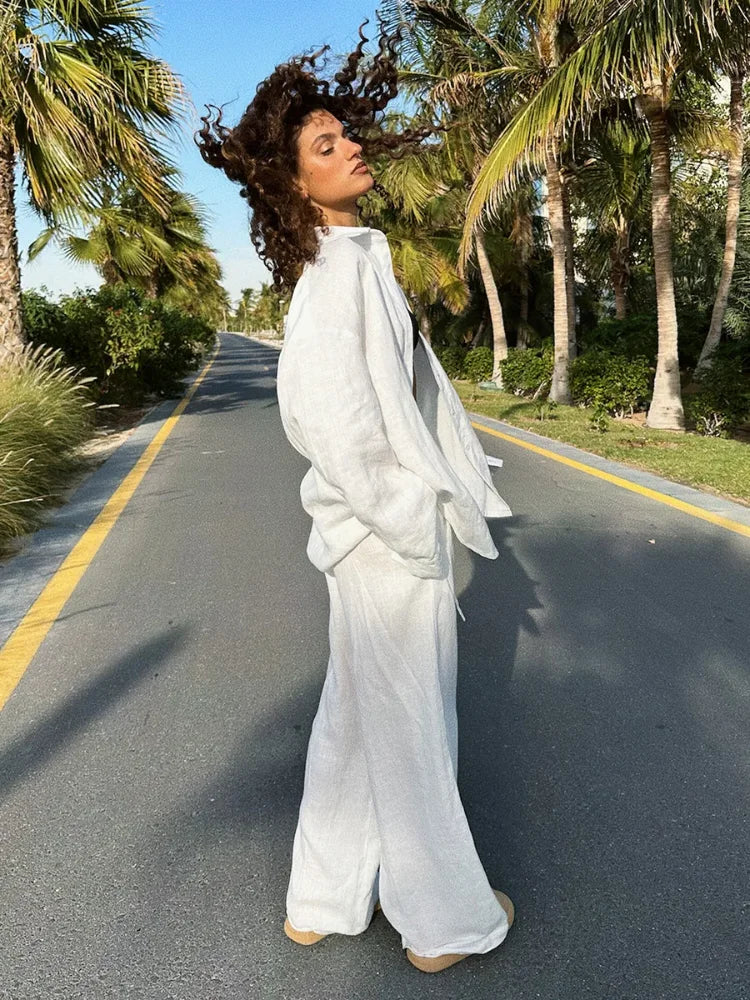 Women’s Casual Brown Cotton Linen Shirt & Pants Suit – Spring