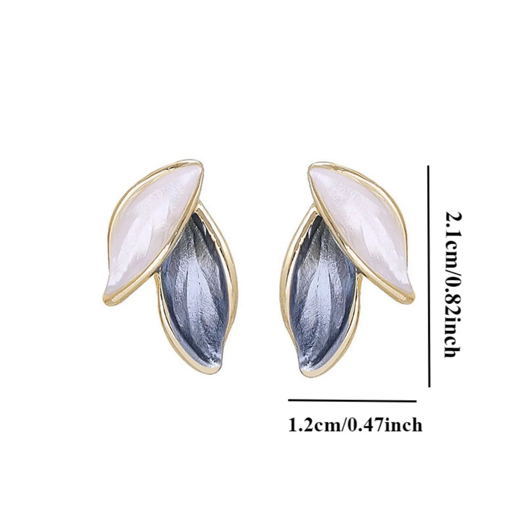Simple Retro Blue White Leaf Earrings – Elegant Forest Style Women’s Studs