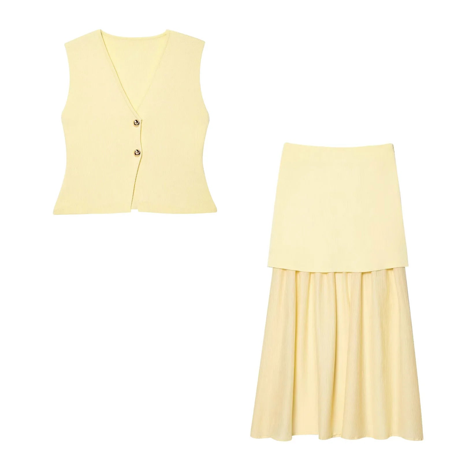 Yellow sleeveless top and skirt set on a white background