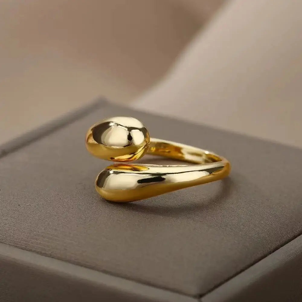 Stainless Steel Double Ball Beads Ring – Open Adjustable Geometric Wedding Couple Ring