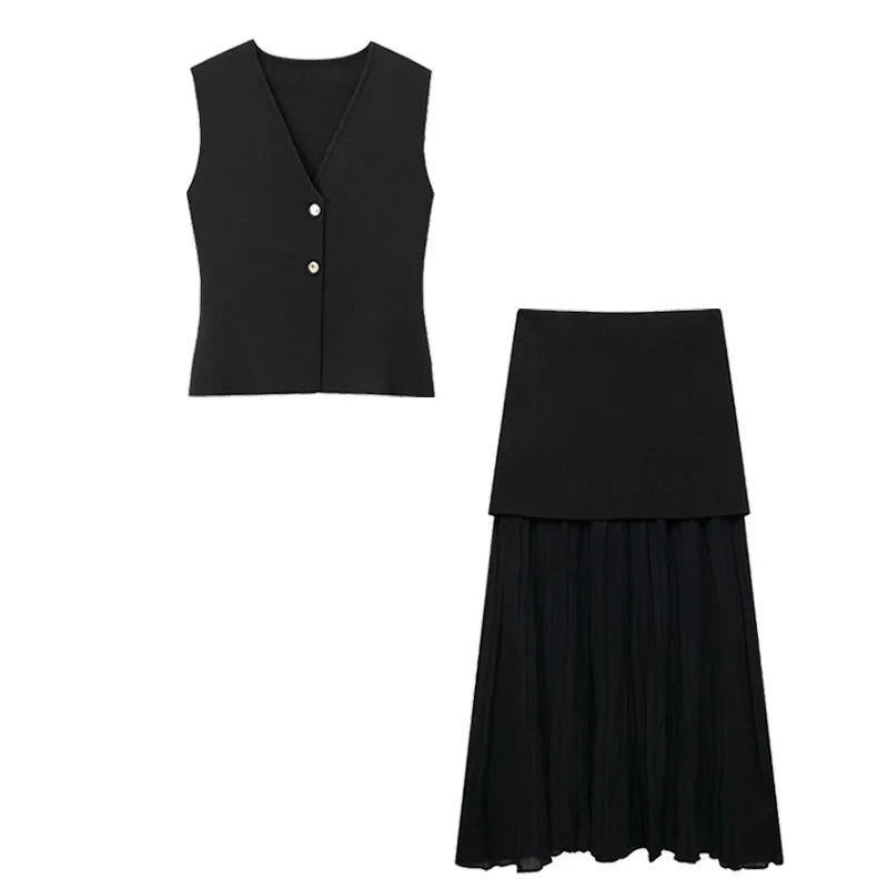 Black sleeveless top and black skirt set on a white background