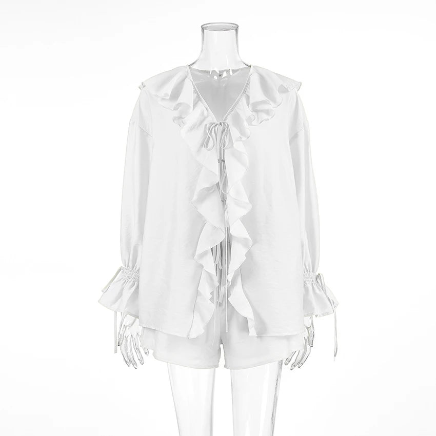 Tornova Women’s Ruffled Shorts Set – V Neck Lace-Up Shirt + Casual Shorts