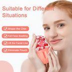 Woman using a facial device with text indicating its uses on a light pink background