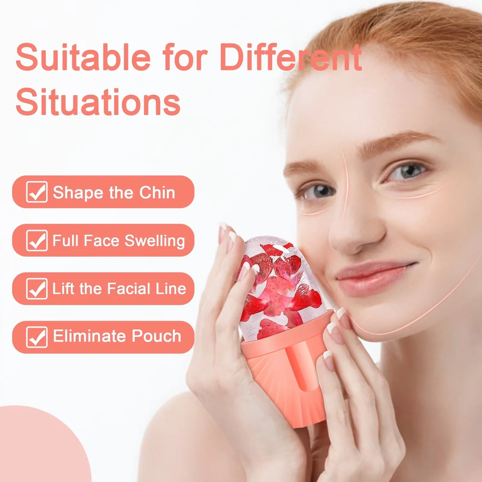 Woman using a facial device with text indicating its uses on a light pink background