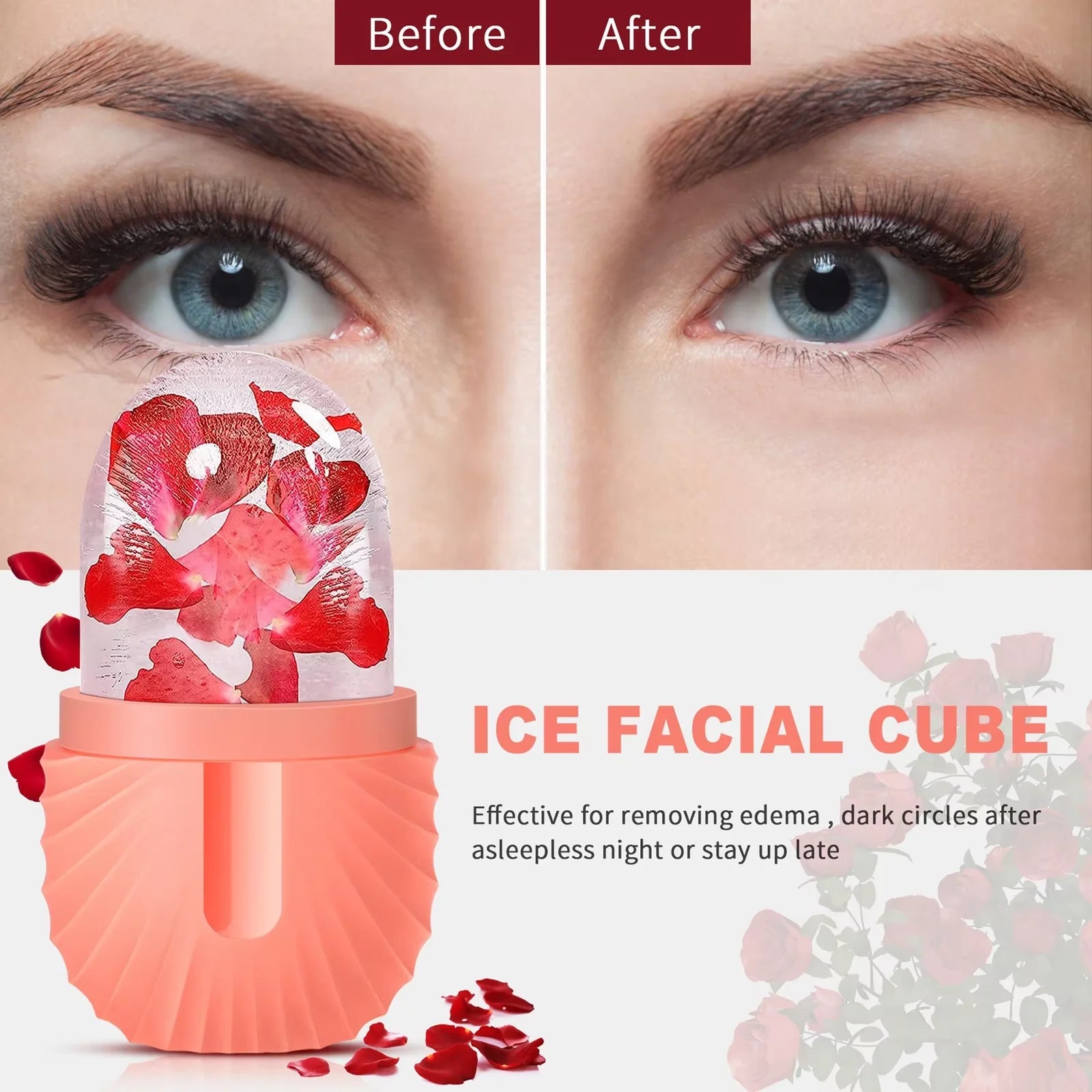 Ice facial cube with 'Before' and 'After' effect on eyes, showing effectiveness in removing dark circles.