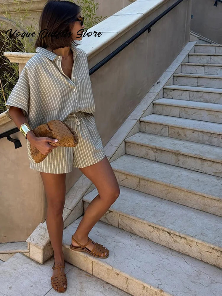 Casual Striped Two-Piece Set – Button-Up Shirt & Wide Leg Shorts