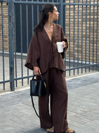 Women’s Casual Brown Cotton Linen Shirt & Pants Suit – Spring