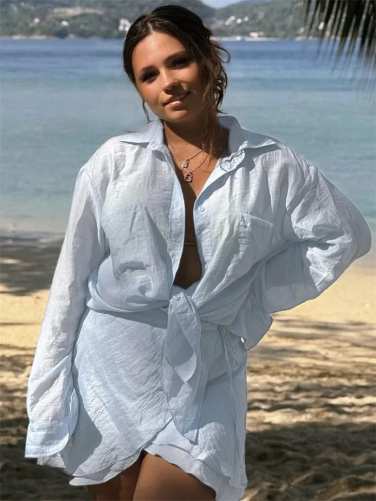 Casual 2 Piece Summer Outfit – Lace-Up Cover Up Shirt & Ruffled Mini Skirt