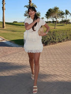 Women’s Elegant White Knit Tassel Skirt Suit – Summer Collection