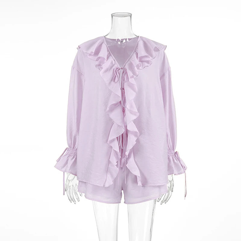 Tornova Women’s Ruffled Shorts Set – V Neck Lace-Up Shirt + Casual Shorts