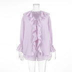 Tornova Women’s Ruffled Shorts Set – V Neck Lace-Up Shirt + Casual Shorts