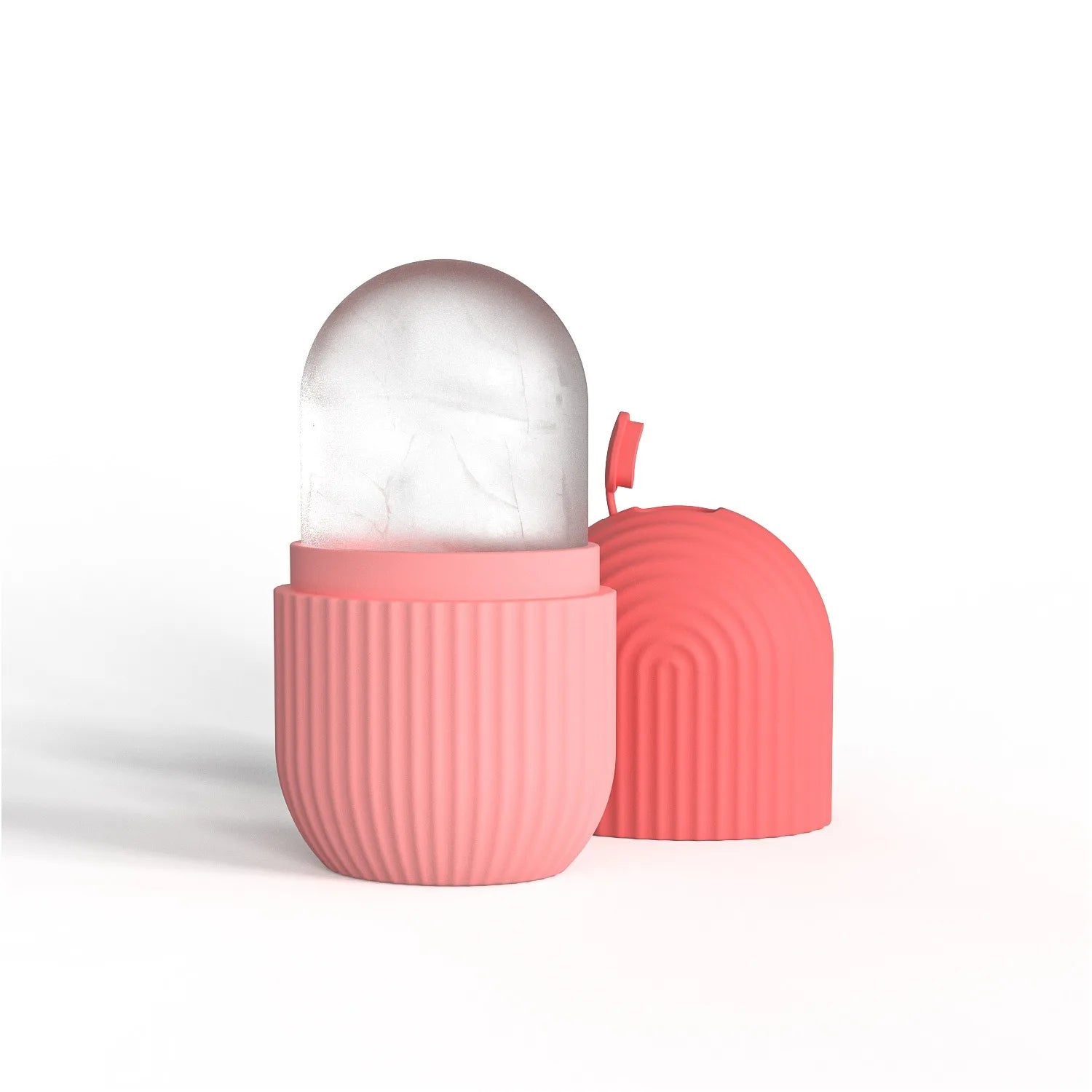 Pink silicone case with a clear sphere inside on a white background