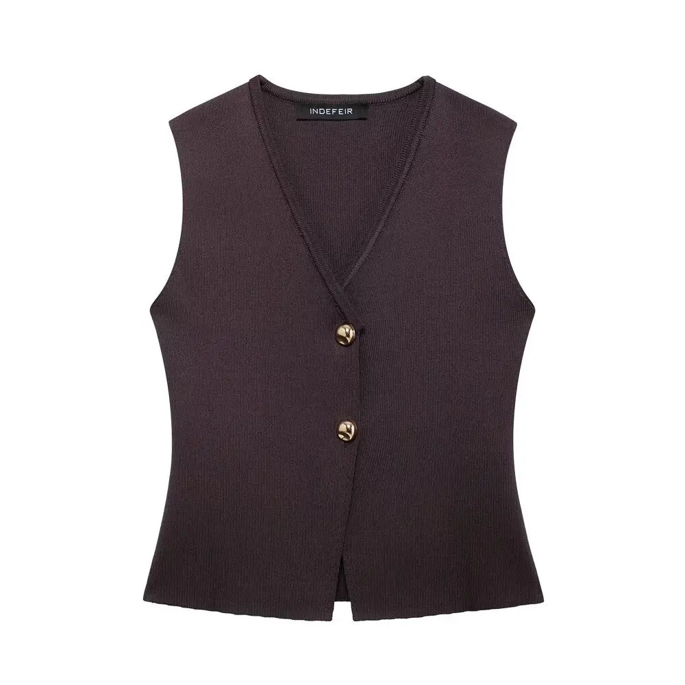 Dark brown vest with gold buttons on a white background