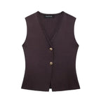 Dark brown vest with gold buttons on a white background