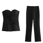 TRAFZA Women’s Pant Set – Strapless Tank Top & High Waist Straight Pants Office Lady Suit