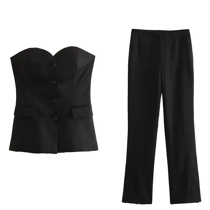 TRAFZA Women’s Pant Set – Strapless Tank Top & High Waist Straight Pants Office Lady Suit
