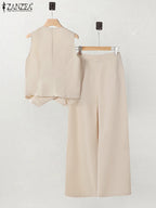 ZANZEA Women’s Pant Sets – Irregular Button Vest & Wide Leg Trouser Suits