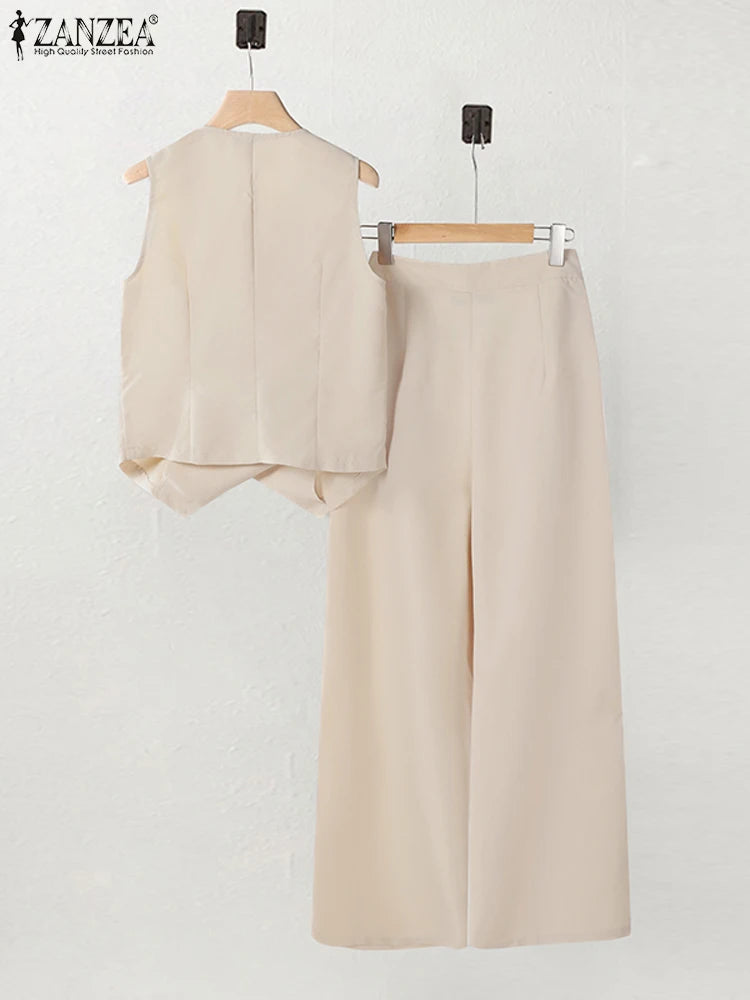 ZANZEA Women’s Pant Sets – Irregular Button Vest & Wide Leg Trouser Suits