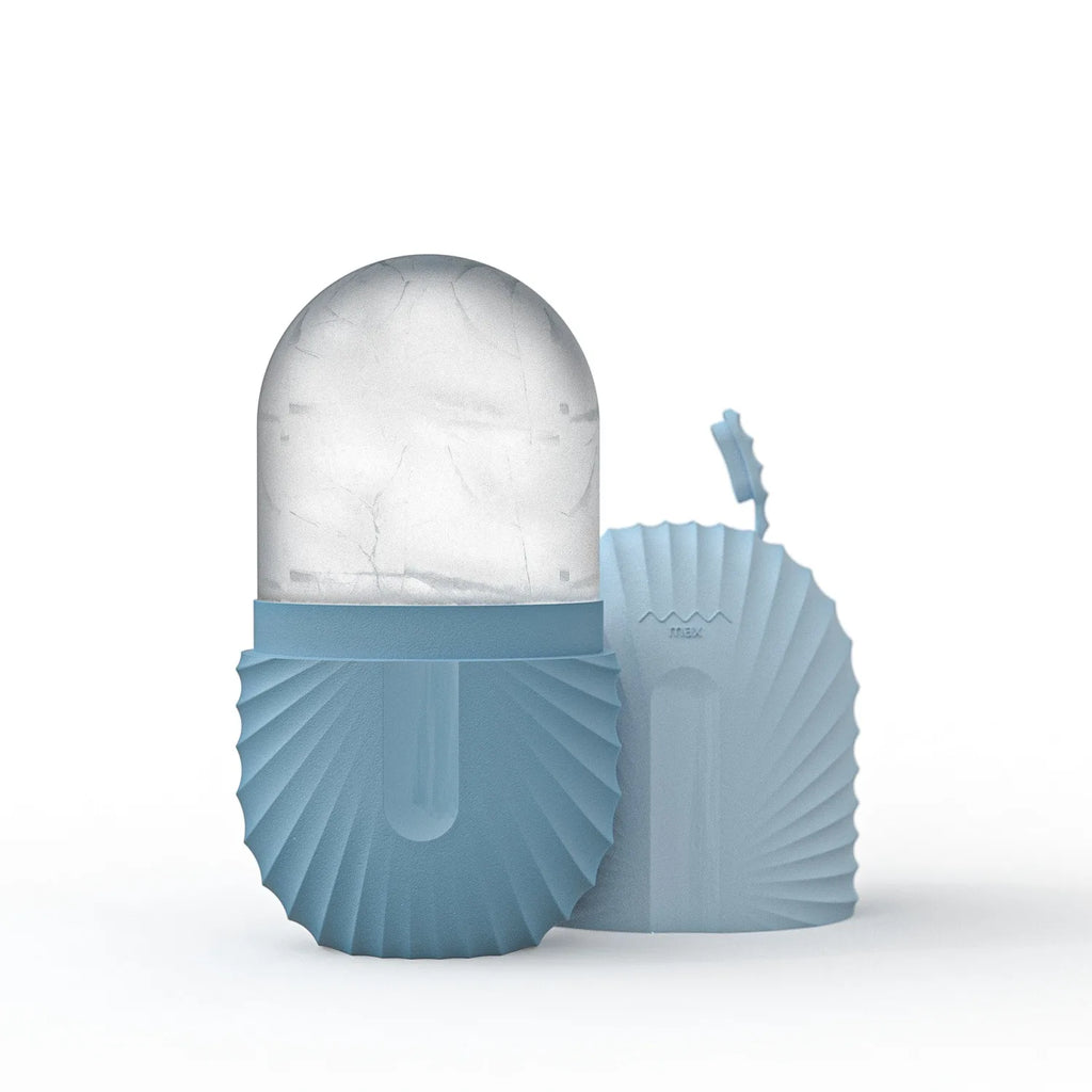 Blue shell-shaped product with a white dome on a white background