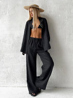 Women’s Casual Brown Cotton Linen Shirt & Pants Suit – Spring