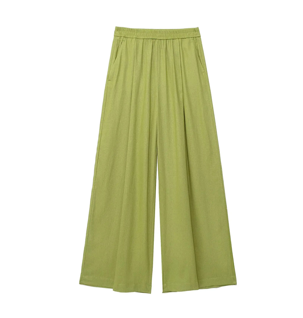 TRAFZA Women 2 Piece Set Elastic Waist Pocket Folds Decorate Wide Leg Pants+Solid Single-Breasted Slit Hem Blouse Top