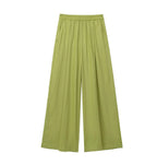 TRAFZA Women 2 Piece Set Elastic Waist Pocket Folds Decorate Wide Leg Pants+Solid Single-Breasted Slit Hem Blouse Top