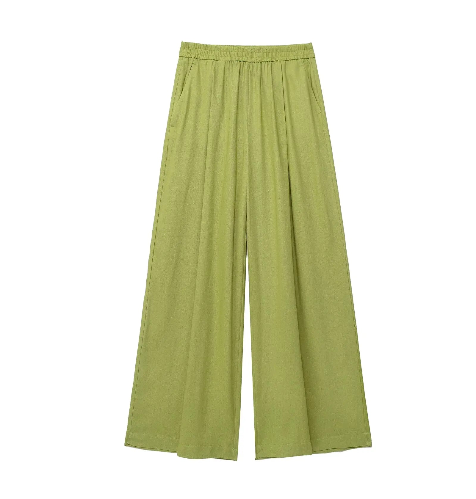 TRAFZA Women 2 Piece Set Elastic Waist Pocket Folds Decorate Wide Leg Pants+Solid Single-Breasted Slit Hem Blouse Top