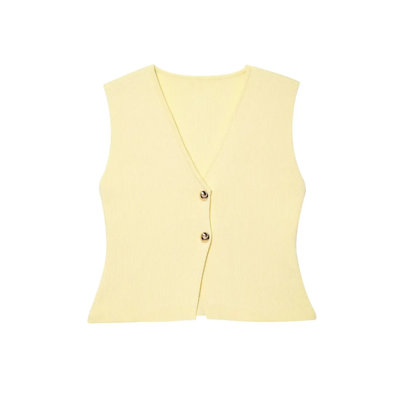Yellow sleeveless top with buttons on a white background