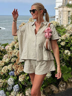 Casual Striped Two-Piece Set – Button-Up Shirt & Wide Leg Shorts