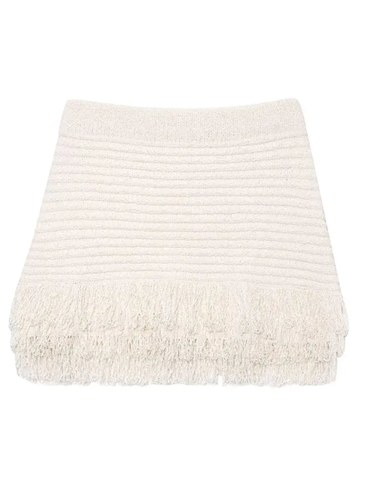 Women’s Elegant White Knit Tassel Skirt Suit – Summer Collection