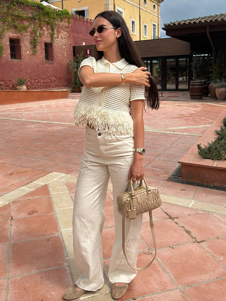 Women’s Elegant White Knit Tassel Skirt Suit – Summer Collection