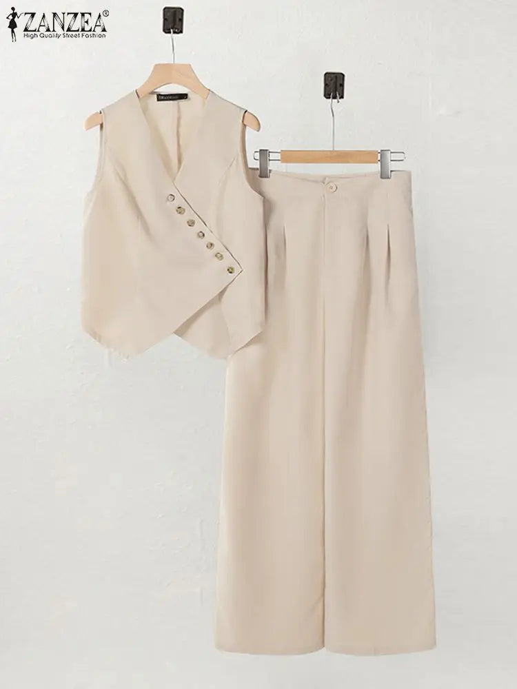 ZANZEA Women’s Pant Sets – Irregular Button Vest & Wide Leg Trouser Suits