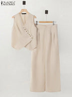 ZANZEA Women’s Pant Sets – Irregular Button Vest & Wide Leg Trouser Suits