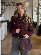 TRAFZA Fashion Women’s Soft Tweed Bomber Jacket – Vintage O-Neck Woolen Coat