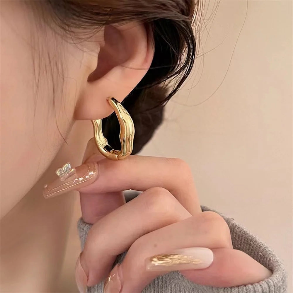 Gold Color Metallic Ear Loops for Women – Irregular Geometric Hoop Earrings