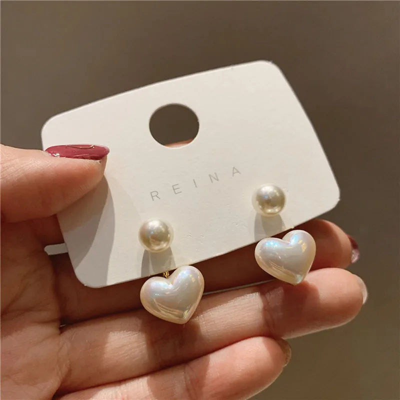 Imitation Pearl Heart Round Stud Earrings – Elegant Women’s Jewelry