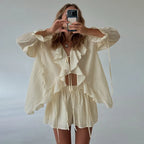 Tornova Women’s Ruffled Shorts Set – V Neck Lace-Up Shirt + Casual Shorts
