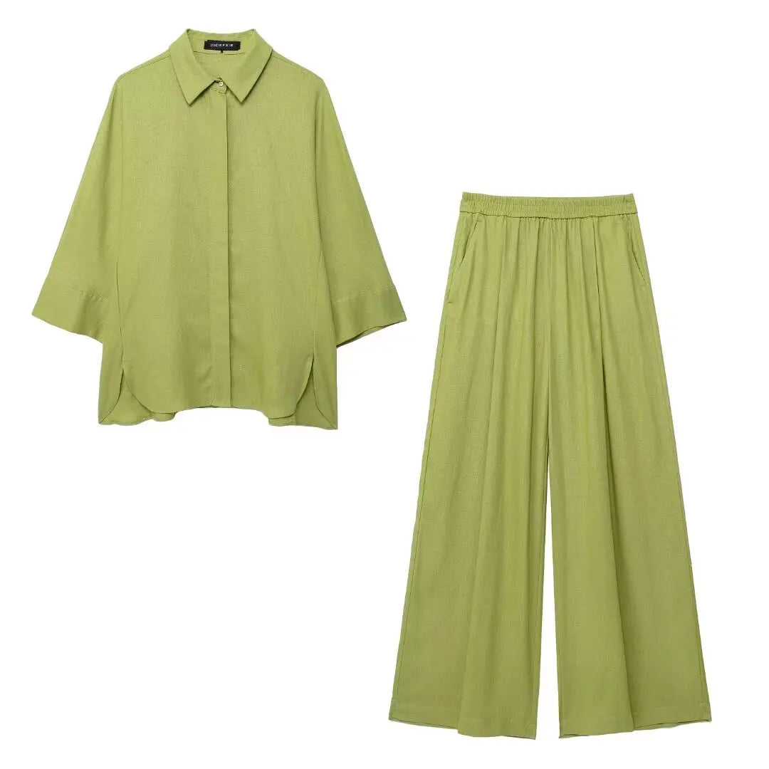 TRAFZA Women 2 Piece Set Elastic Waist Pocket Folds Decorate Wide Leg Pants+Solid Single-Breasted Slit Hem Blouse Top
