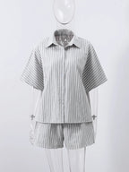 Casual Striped Two-Piece Set – Button-Up Shirt & Wide Leg Shorts