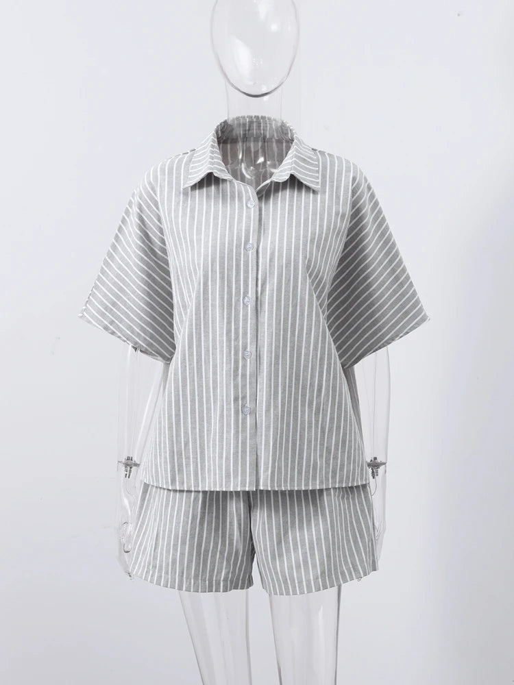 Casual Striped Two-Piece Set – Button-Up Shirt & Wide Leg Shorts