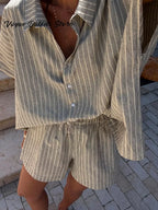 Casual Striped Two-Piece Set – Button-Up Shirt & Wide Leg Shorts