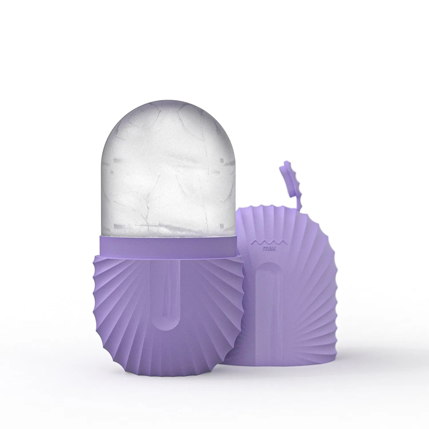 Purple silicone shell-shaped container with a clear dome lid on a white background