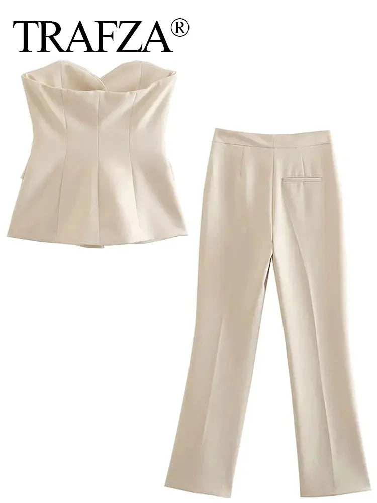 TRAFZA Women’s Pant Set – Strapless Tank Top & High Waist Straight Pants Office Lady Suit