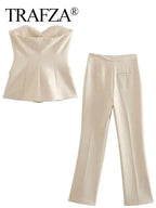 TRAFZA Women’s Pant Set – Strapless Tank Top & High Waist Straight Pants Office Lady Suit