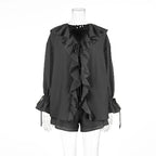 Tornova Women’s Ruffled Shorts Set – V Neck Lace-Up Shirt + Casual Shorts