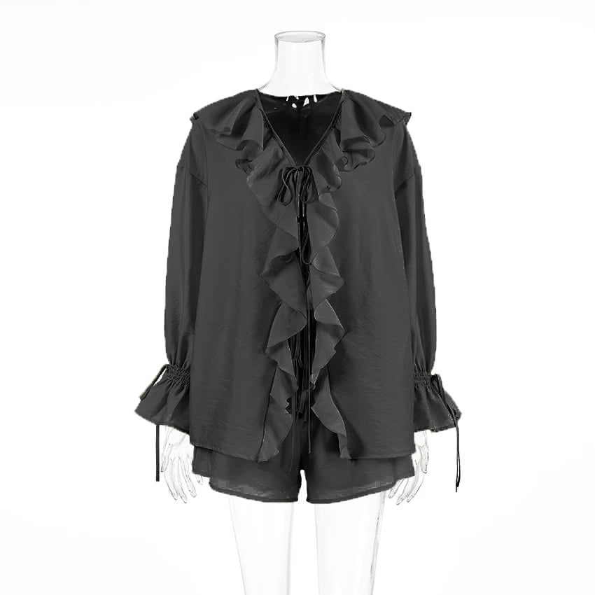 Tornova Women’s Ruffled Shorts Set – V Neck Lace-Up Shirt + Casual Shorts