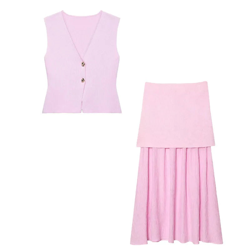 Pink sleeveless top and skirt set on a white background