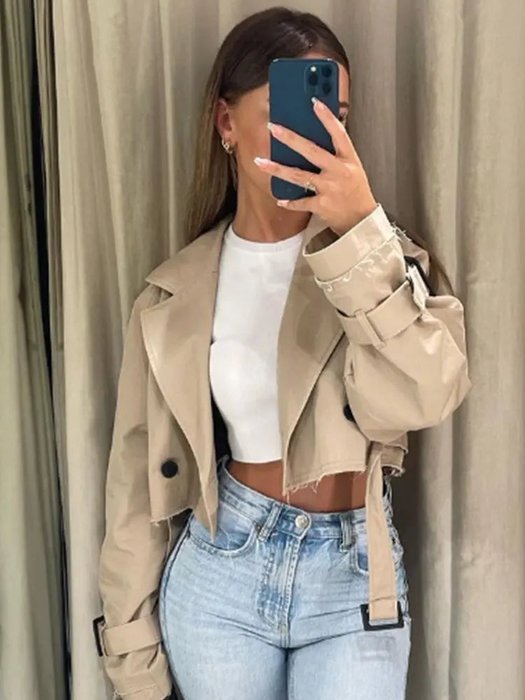 Belt Cropped Trench Spring Jacket-Blumora