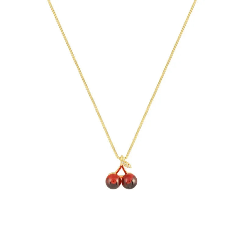 Little Wine Red Cherry Pendant Necklace – Golden Chain Women’s Fashion Jewelry